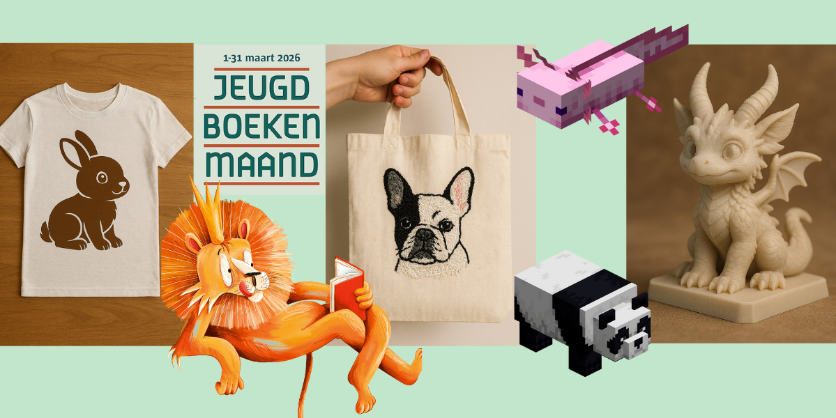 Campagnebeeld jeugdboekenmaand met gepimpte T-shirt van konijn, geborduurde totebag met hond, 3D print van fantasiedier en Minecraftdieren. Campagnebeeld jeugdboekenmaand met gepimpte T-shirt van konijn, geborduurde totebag met hond, 3D print van fantasiedier en Minecraftdieren.
